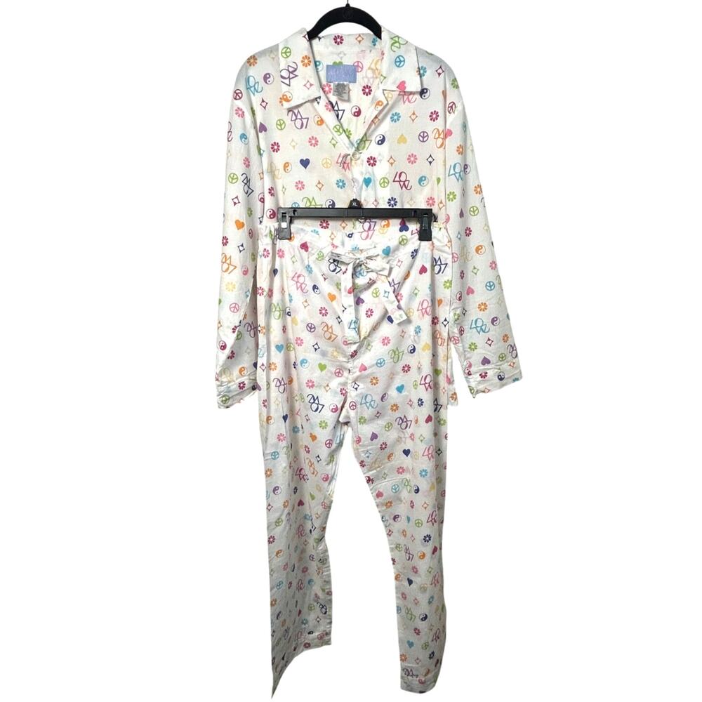 Vintage Nick & Nora 90s Peace Sign Daisy Yin Yang Pajama Set SIZE S Cotton Rare